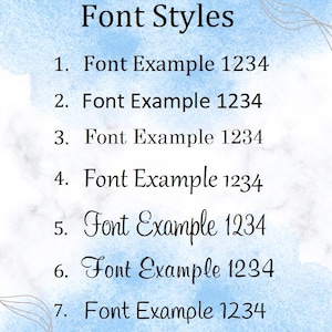 May include: A list of seven different font styles with the text "Font Example 1234" displayed in each style.