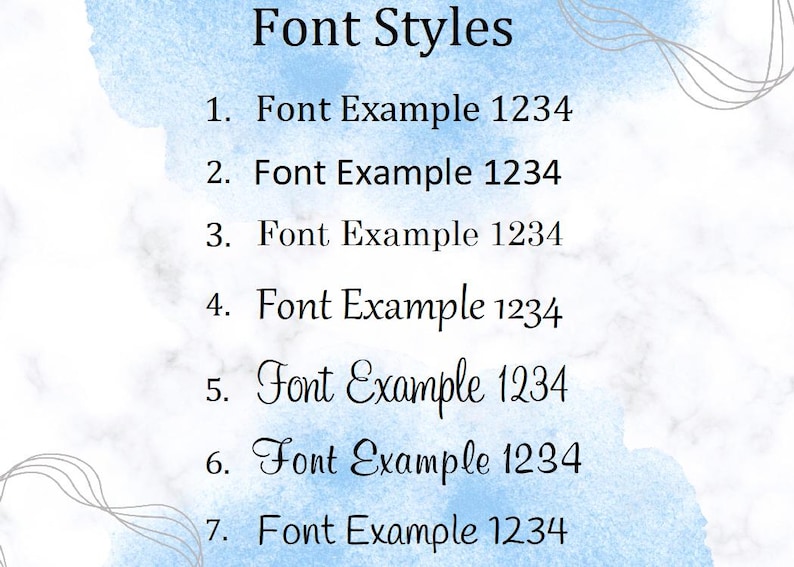 May include: A list of seven different font styles with the text "Font Example 1234" displayed in each style.