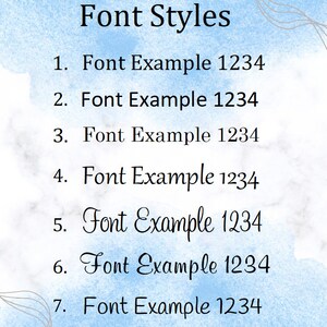 May include: An image showcasing seven different font styles, each with the text "Font Example 1234". The title "Font Styles" is at the top. The background has a watercolor effect with blue and white hues.