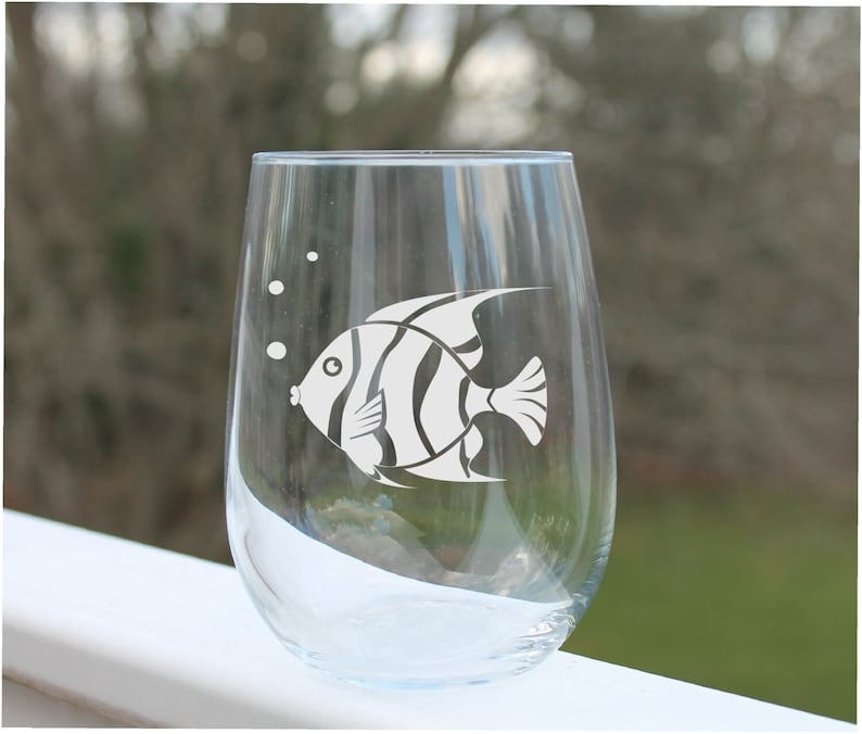 Etched Stemless Wine Glass Etched With Fish Design Topical Etsy