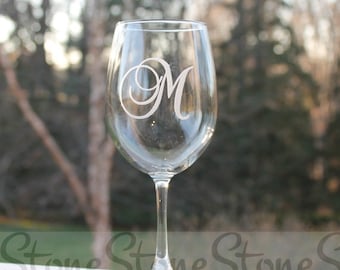 Etched Monogram Wine Glass, Personalized Initial Engraved
