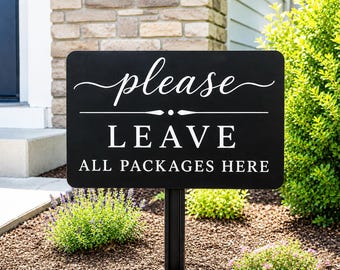 Leave Packages Here Sign | Engraved Delivery Drop Off Plaque | Black Metal Yard Stake | Front Porch Package Sign | Outdoor Entry Decor