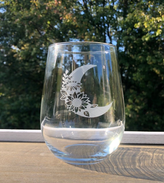 Moon phase glass etched stemless wine glass, Celestial moon, Boho wine glass