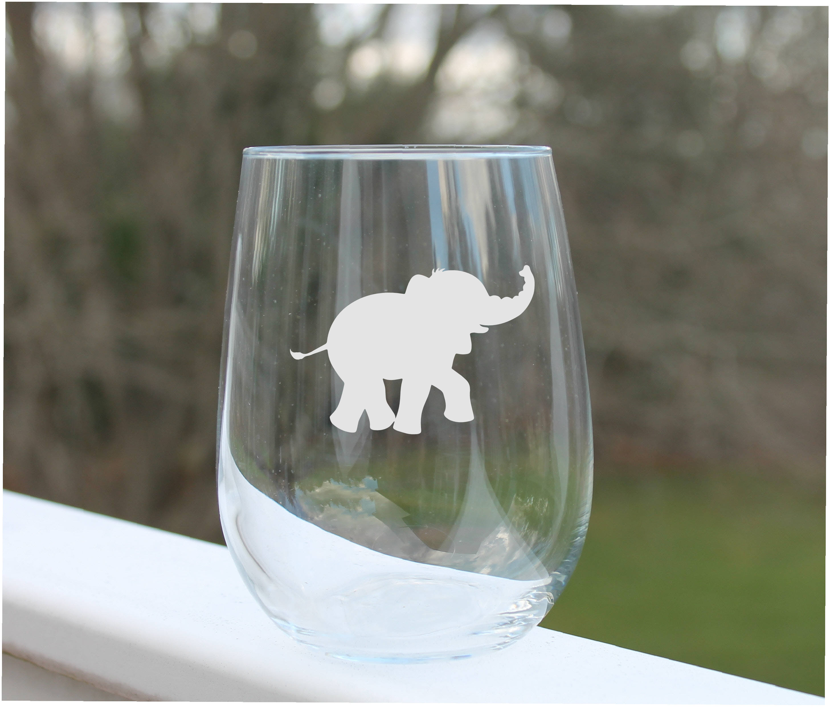 Elephant wine glass, etched stemless wine glass, elephant wine glass