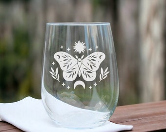 wine glass stemless butterfly wine glass wine glass mystical moon glass stemless wine celestial moon Boho wine glass