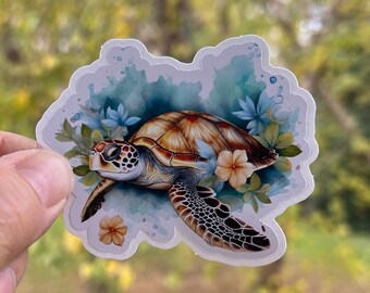 Floral Sea Turtle Sticker: Waterproof Vinyl Decal for Water Bottles