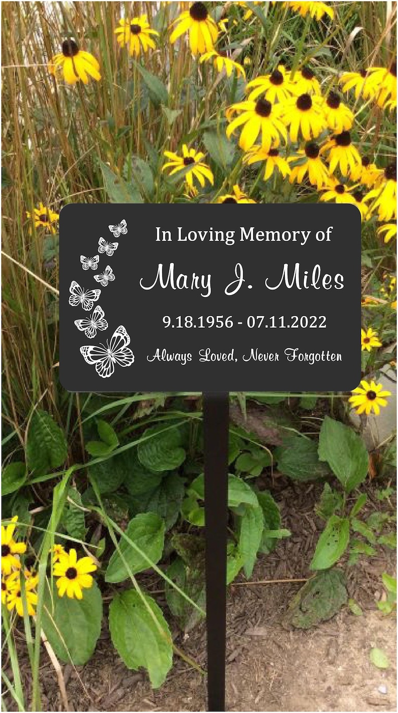 Create a beautiful and lasting tribute with this engraved metal memorial plaque with stake. Featuring an elegant butterfly design, this custom garden marker is a meaningful way to honor a loved one and create a peaceful remembrance space in your garden or yard.

Each plaque is carefully engraved with your personalized text, creating a permanent design that will not fade, peel, or wear away.