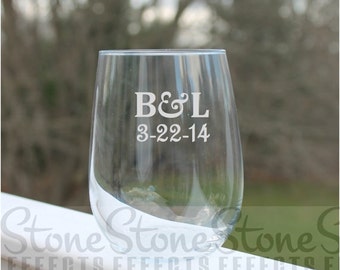 Etched Stemless Wine Glasses, wine glass monogram, Initials and date,  17oz