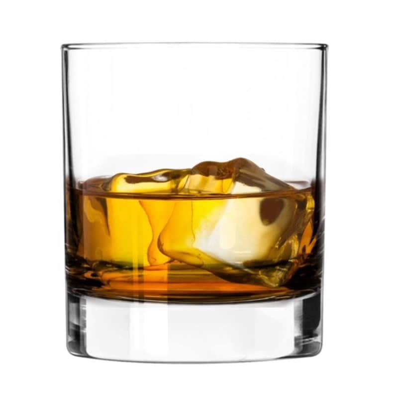 May include: A clear glass tumbler filled with amber liquid and ice cubes.
