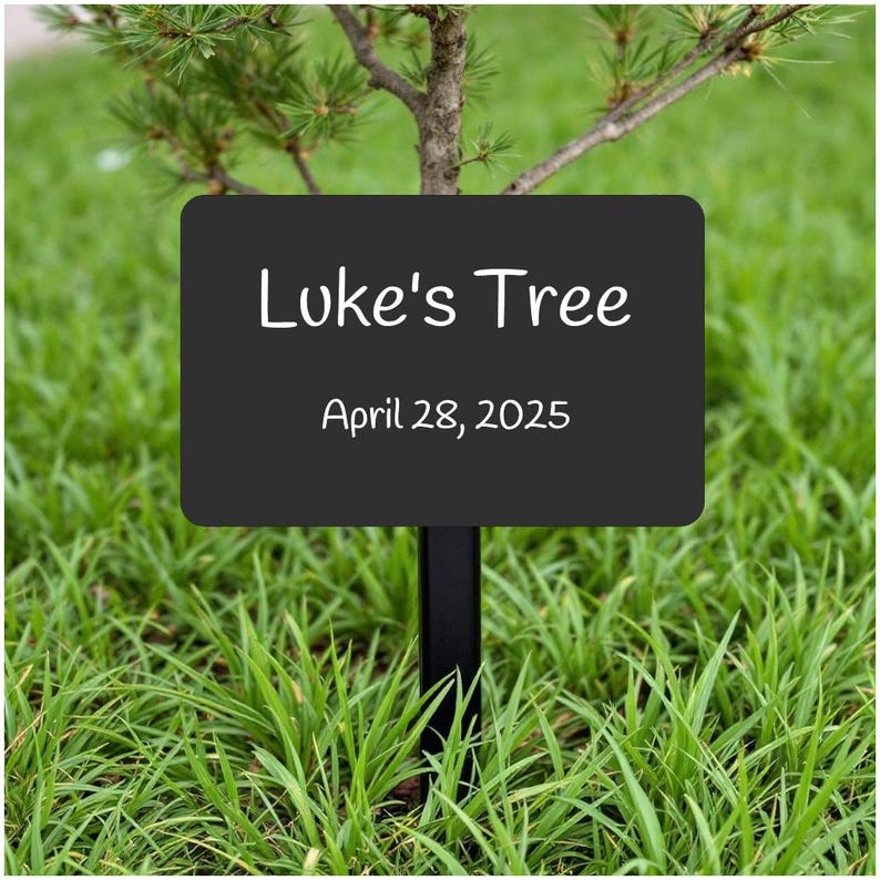 May include: Black sign with white text that reads "Luke's Tree" and "April 28, 2025". The sign is attached to a black metal stake and is planted in green grass.