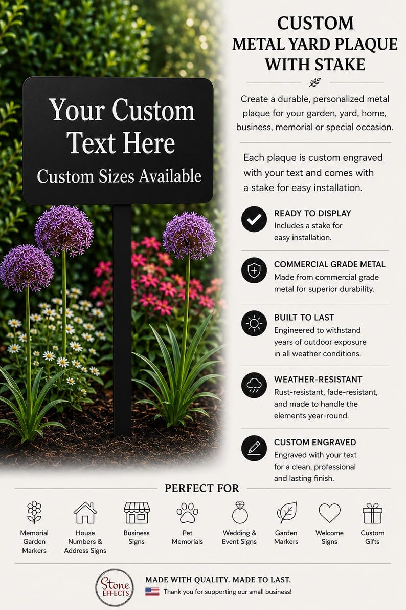 May include: A black rectangular metal yard plaque on a stake with the text Your Custom Text Here and Custom Sizes Available. The plaque is displayed in a garden setting with purple allium flowers and small white daisies in the background.