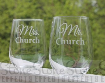 custom stemless wine glasses, mr and mrs., wedding wine glasses, set of 2