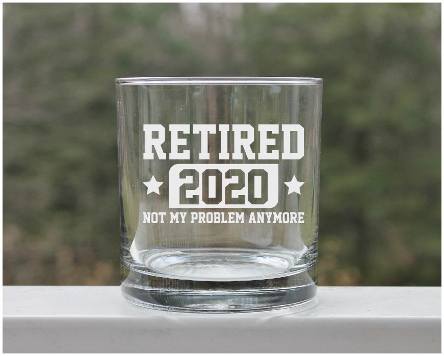 etched whiskey glass, retirement whiskey glasses, retirement gifts