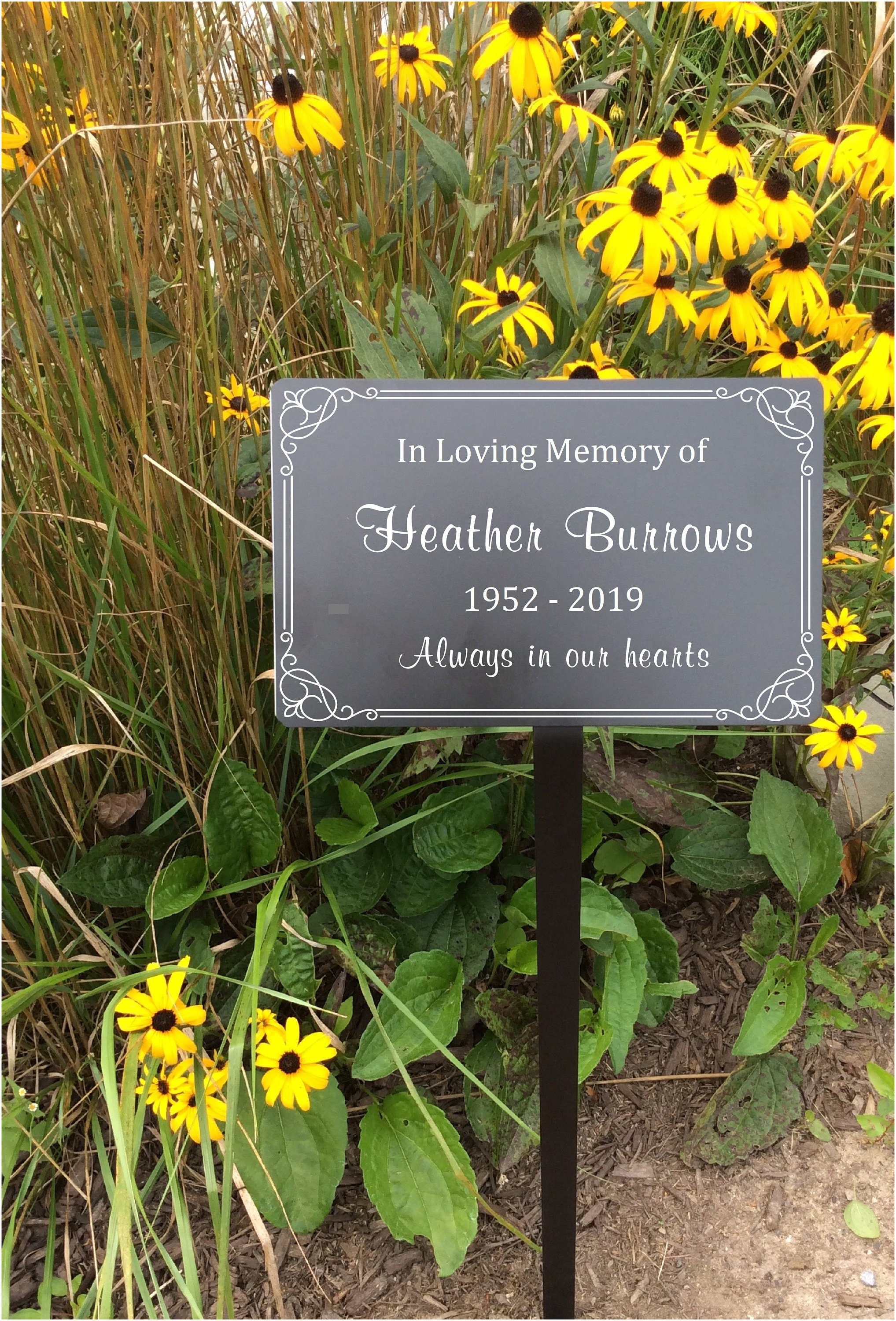 metal garden markers, memorial plaque with stake, outdoor plaques