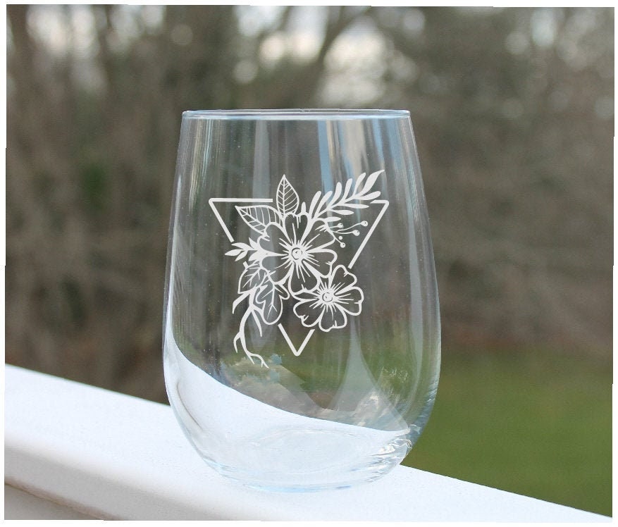 floral stemless wine glass, etched wine glass, Custom Stemless Wine