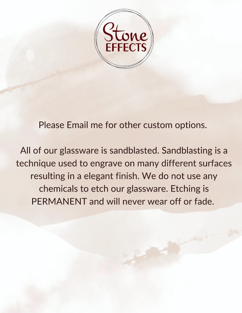 May include: Text on a white background that reads "Stone Effects". Below the text is a description of the sandblasting technique used to engrave glassware. The text states that the etching is permanent and will never wear off or fade.