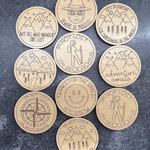 Geocaching Wood Tokens, Engraved Scavenger Hunt Token, Wood Game Token Coin, Outdoors Adventure