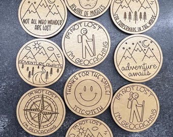 Engraved Wood Geocaching Tokens: Scavenger Hunt Adventure - Set of 10