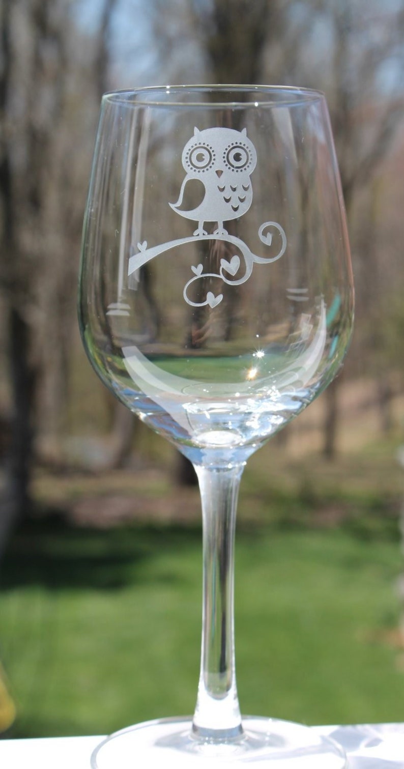 Etched Wine Glasses Owl Wine Glass Engraved Owl Wine Glass Etsy