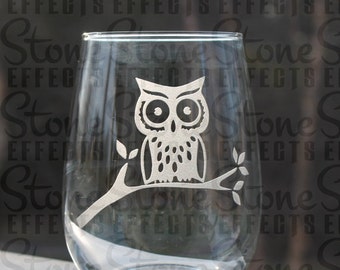 custom etched wine glass, stemless wine glasses, owl wine glass, custom engraved