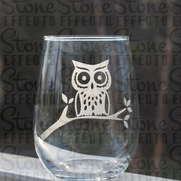 Etched Stemless Owl Wine Glass – Bird Lover Gift, Owl Theme, 17oz