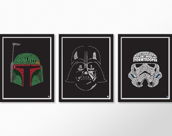 Darth Vader, Boba Fett, Stormtrooper typografische portretten - popart woord Star Wars-trilogie film schurk Bounty Hunter gezicht prints decor