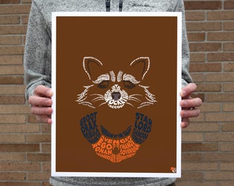 May include: A brown poster with a white raccoon silhouette made of words from the Guardians of the Galaxy movie. The words include "Groot", "Drax", "Rocket", "Star Lord", "Gamora", and "Nebula".