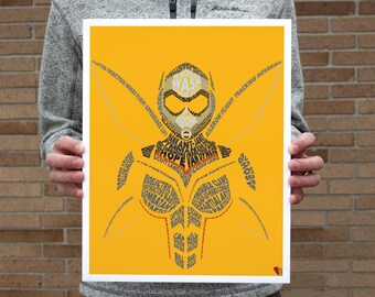 May include: A yellow poster with a word art illustration of a superhero. The superhero is wearing a yellow and black suit with a mask. The words used in the illustration include "Wasp", "Hope van Dyne", "Ghost", and "Pym Particles".