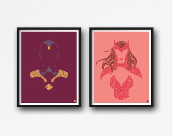 May include: Two framed prints of superhero silhouettes made from text. The print on the left is maroon with a purple silhouette of Vision. The print on the right is pink with a red silhouette of Scarlet Witch.