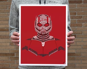 May include: A red poster with a white silhouette of Ant-Man's head and torso. The silhouette is made up of words related to the character, including "Scott Lang", "Ant-Man", "Avenger", and "Pym Technologies".