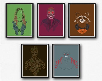 May include: Five framed posters featuring characters from the Guardians of the Galaxy movie. Each poster features a different character, including Gamora, Star-Lord, Rocket Raccoon, Groot, and Drax. The posters are all in a minimalist style, with the characters' silhouettes created from words related to the movie.