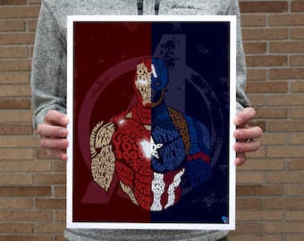 May include: A framed art print featuring a split design of two superheroes. One side is red with text, the other is blue with text. The print has the Avengers logo in the background. The artwork is held by a person.