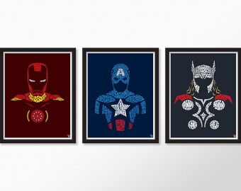 May include: Three framed art prints featuring superhero silhouettes made of text. Iron Man is red and yellow on a dark red background. Captain America is blue, white, and red on a navy background. Thor is white, red, and gold on a dark navy background.