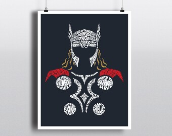 May include: A black and white typography art print of Thor, the Norse god of thunder, with the words "God of Thunder", "Odin", "Thor", "Asgard", "Mjolnir", "Avengers", "Shield", "Loki", "Hela", "Ragnarok", and more.