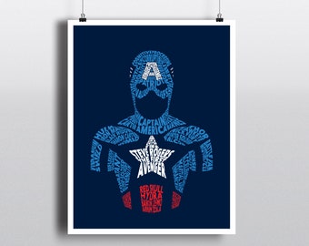 May include: A blue and red graphic illustration of Captain America. The image is made up of words related to the character, including "Captain America", "Steve Rogers", "The First Avenger", "Shield", "Hydra", and "Red Skull".