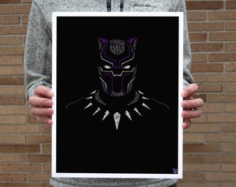 May include: Black and white typography art print of Black Panther's face. The print features the words "T'Challa", "Black Panther", "Wakanda", "Storm", "Forever", and more.