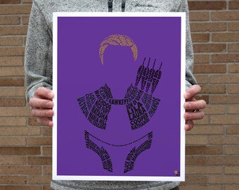 May include: Purple poster with a silhouette of a person made of text from the Marvel Cinematic Universe. The text includes names of characters, locations, and objects from the movies.