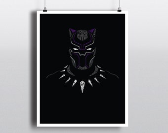 May include: Black and white silhouette of Black Panther, the superhero from Marvel Comics, created using words related to the character. The words are in a purple font.