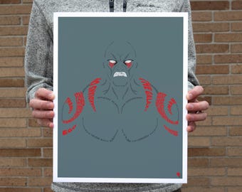 May include: A blue and red minimalist poster featuring a stylized image of Thanos, the villain from the Marvel Cinematic Universe. The image is made up of words from the movie, including "I am inevitable" and "I will destroy the galaxy".