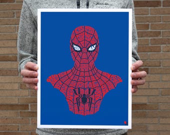 May include: A blue background with a red and white Spider-Man silhouette made of words. The words are mostly related to Spider-Man, such as "Spider-Man", "Peter", and "May".