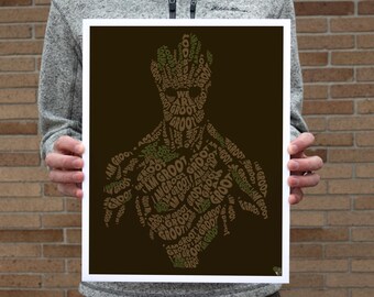 May include: A brown and green print of a character from the Guardians of the Galaxy movie. The character is made up of the words "I am Groot" repeated many times.
