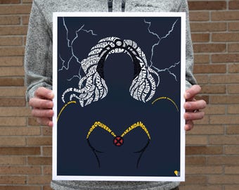 May include: A blue and yellow poster with a silhouette of a woman's head and shoulders. The woman's hair is made up of words, including "mutant", "weather", "form", and "queen".