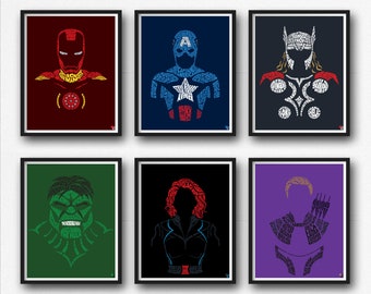 May include: Six framed posters of Marvel superheroes, each with a different background color. The posters feature Iron Man, Captain America, Thor, Hulk, Black Widow, and Hawkeye. Each superhero is depicted in a silhouette made up of words related to their character.