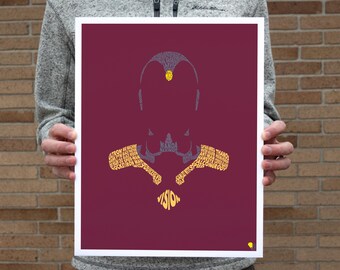 May include: A framed art print featuring a stylized illustration of Vision from Marvel Comics. The artwork is a silhouette of Vision's head and shoulders, created with text in shades of yellow, gray, and purple against a burgundy background. The word "VISION" is at the bottom.