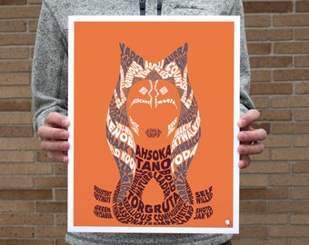 May include: An orange background with a silhouette of Ahsoka Tano's head created using text. The text includes names of characters from the Star Wars universe, such as Vader, Grievous, and Yoda.
