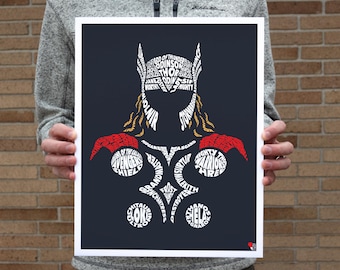 May include: A black and white typography art print of Thor, a superhero from the Marvel universe. The print features the silhouette of Thor's helmet and body, formed by words related to his character and mythology. The words are in white, with some in red and yellow, on a dark blue background.
