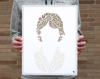 May include: A white poster with a brown silhouette of a person's head made of words from the Star Wars franchise. The words include "Luke Skywalker", "Princess Leia", "Han Solo", "Yoda", "Darth Vader", and "Chewbacca".