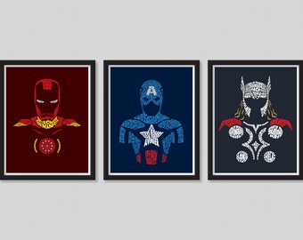 May include: Three framed prints of superhero characters, Iron Man, Captain America, and Thor. Each print features a silhouette of the character made up of words related to the character. The Iron Man print is on a red background, the Captain America print is on a blue background, and the Thor print is on a dark blue background.