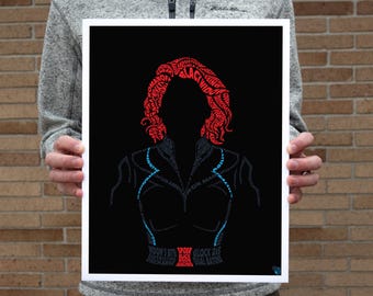 May include: Black and white print of a silhouette of Black Widow, a Marvel Comics superhero. The silhouette is made up of words related to Black Widow, such as "Black Widow", "Avenger", "spy", and "assassin".