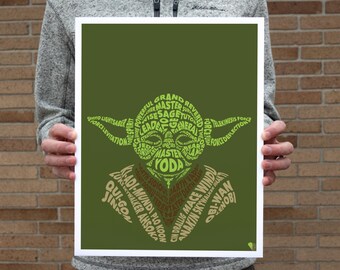 May include: A green poster featuring an image of Yoda, composed of words and phrases like "Master Yoda," "Force," and character names. The artwork is set against a solid green background, creating a unique and thematic design.